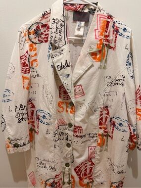 Vintage Women's White Printed longline Coat by German brand Sempre Piu by Chalou